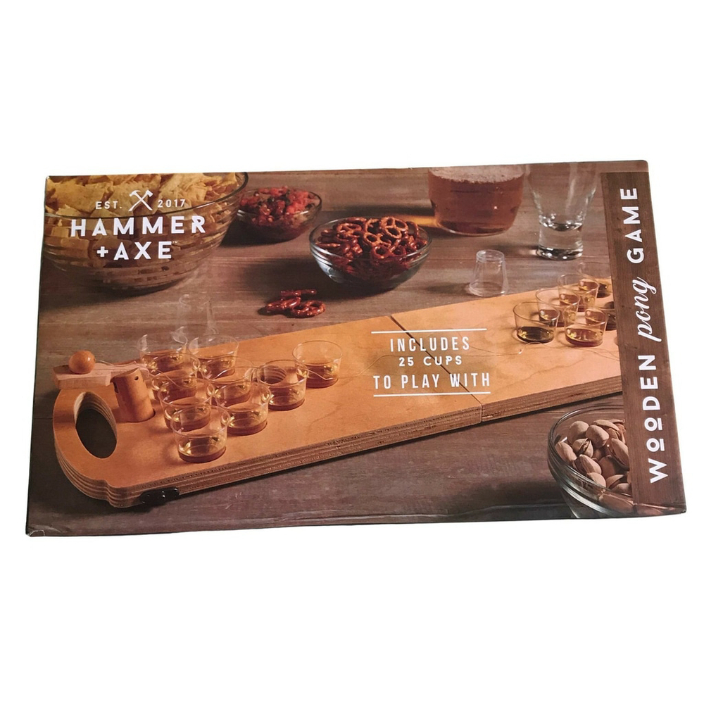 Beer Pong Set Hammer + Axe Wooden Foldable Mini Party Game Storage Bag Included